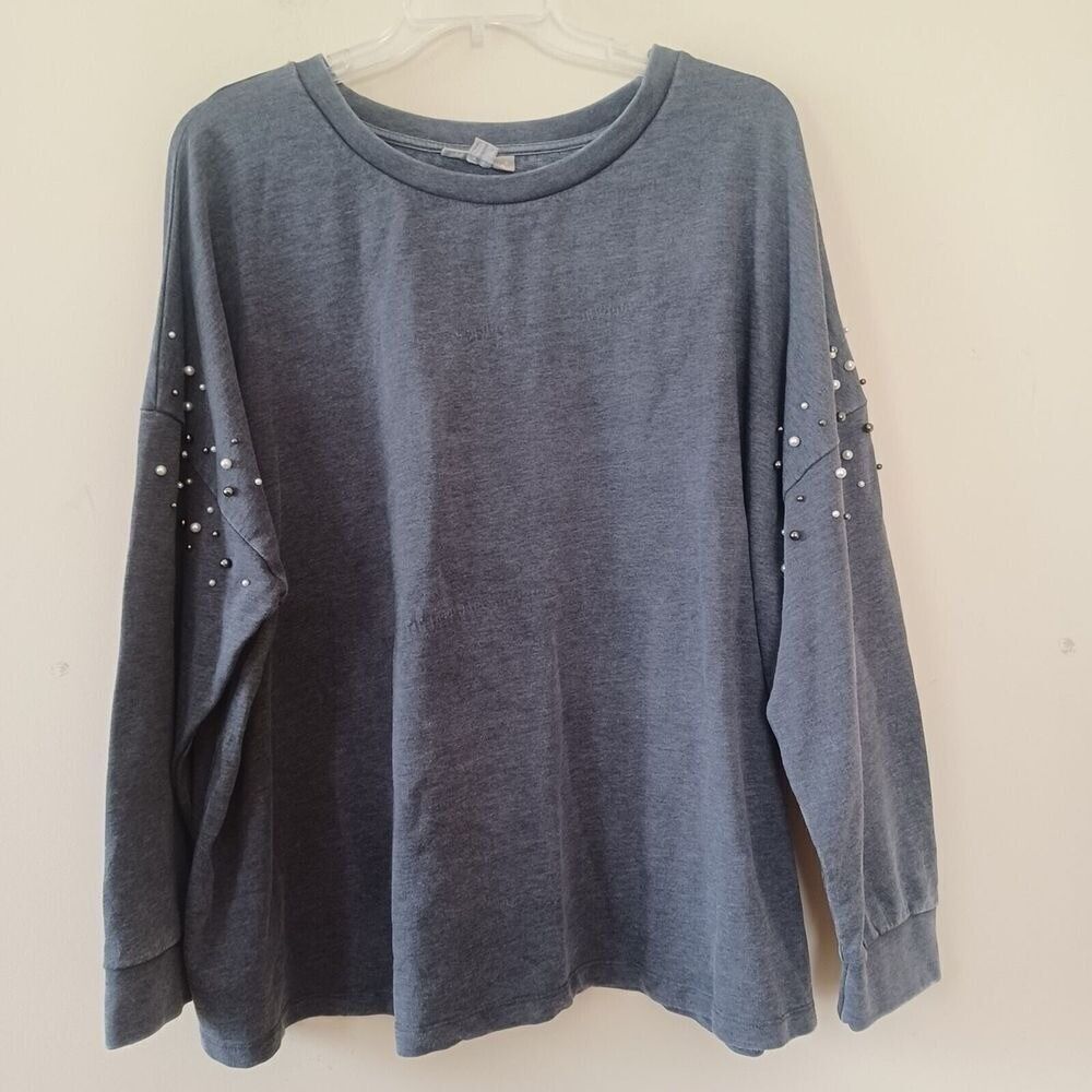 Woman Within Light Sweater 2X‎ Gray Beaded Pearls Long Sleeves Stretch Preppy